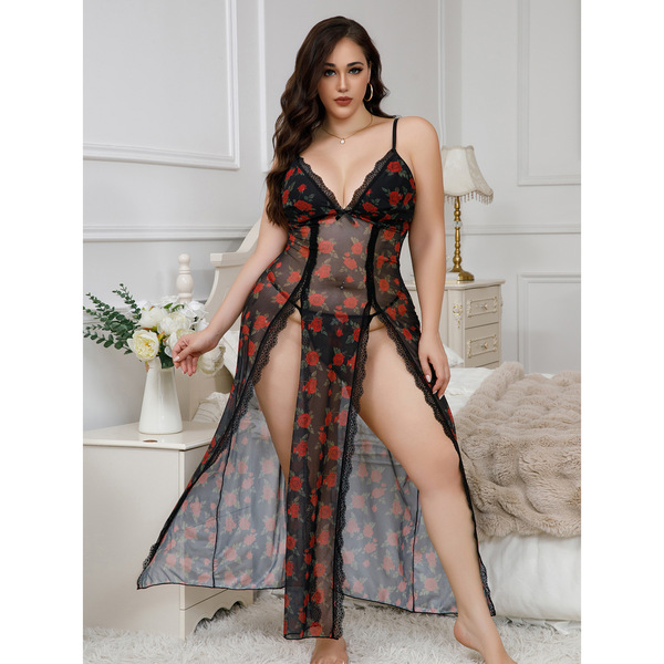 Elegant sheer-back long nightgown set with sexy split-front design, featuring floral pattern and lace details for women.