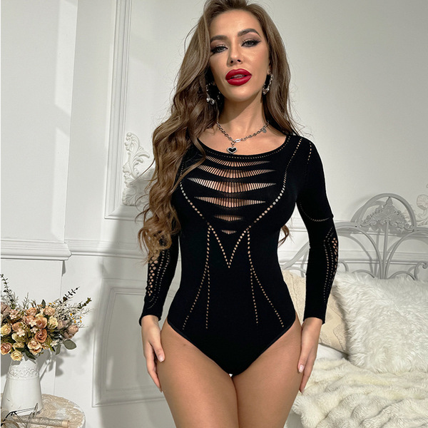 A stylish black long-sleeved lingerie set featuring intricate mesh patterns and elegant design details, perfect for adding al...