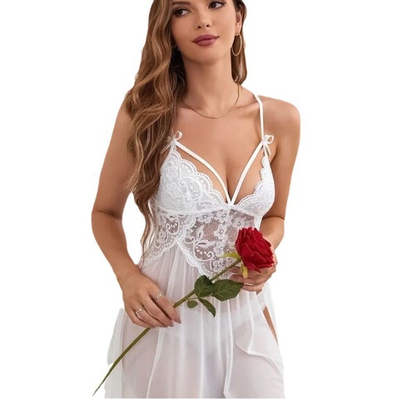 Elegant european-style lace sleepwear set featuring sheer mesh cami with deep v-neckline and delicate lace detailing, paired ...