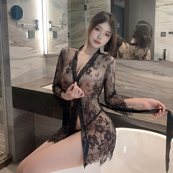 Sexy black lace sheer long dress robe set, sensual womens sleepwear with intricate floral patterns, elegant design for intima...
