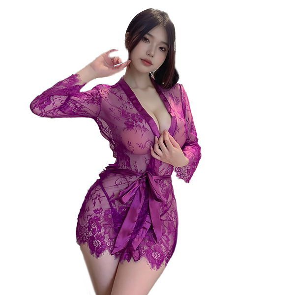 Sexy purple sheer lace long dress with floral patterns, perfect for sleepwear or sensual lingerie sets.