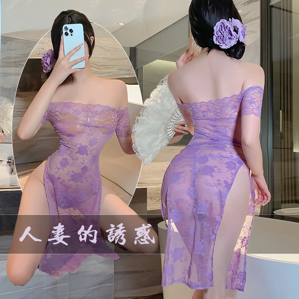 Fan lei sexy lace long dress - purple uniform-style sleepwear set, pure & alluring lingerie dress