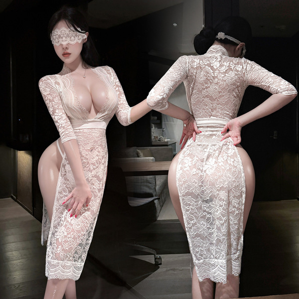 Feimu deep v lace sheer long dress - sexy open-crotch sleepwear, no-remove seductive lingerie featuring intricate lace design...