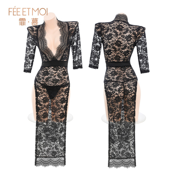 Feimu deep v lace sheer long dress - sexy open-crotch sleepwear, no-remove seductive lingerie