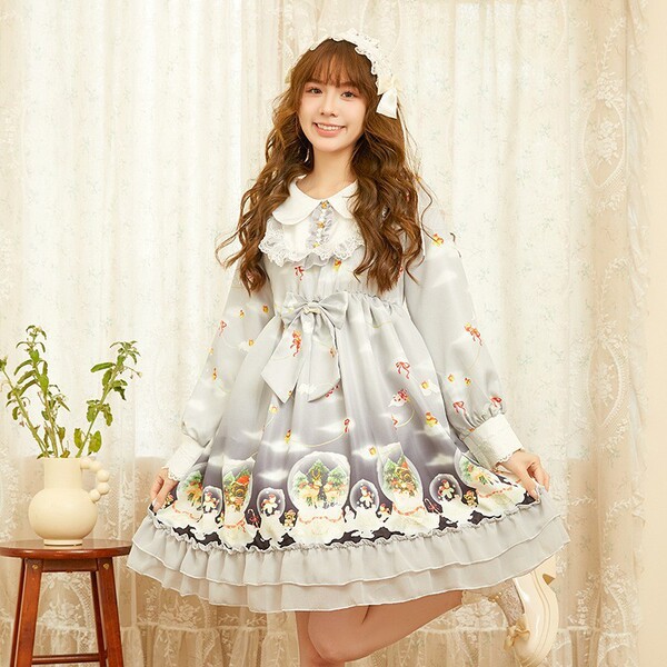 Adult Women's Cosplay Maid Dress - Cute Student Party Costume & Lolita Style Performance Dress - Glass ball long-sleeved Lolita dress