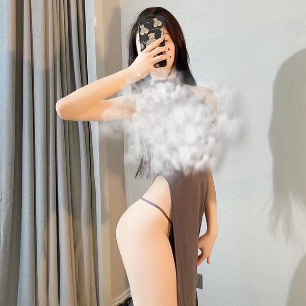 Qingran Sexy High-Slit Long Dress Robe - Backless Chinese-Inspired Lingerie Sleepwear for Role Play & Date Night - Gray long skirt + underwear