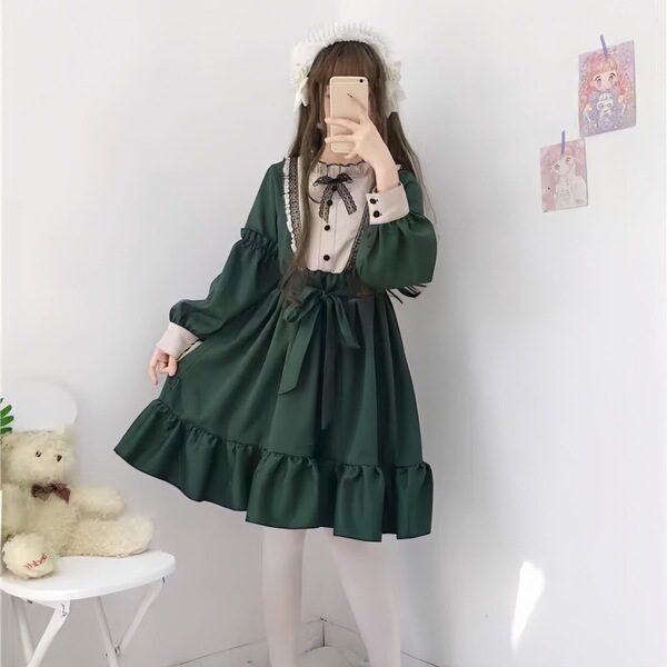2026 Cute Sweet Lolita Dress for Women – Elegant Long Sleeve Party & Performance Dress - Dark green long-sleeved Lolita dress