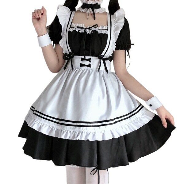 Japanese black and white maid dress featuring long sleeves, ruffled collar, and layered skirt, perfect for lolita cosplay or ...