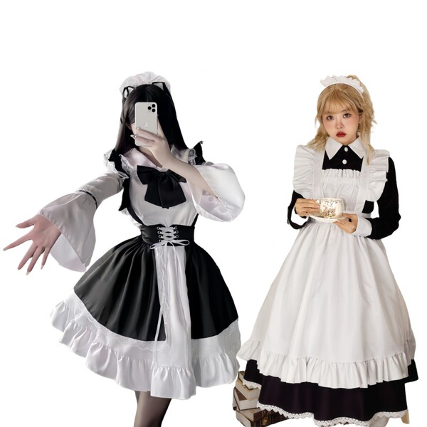 Japanese cosplay maid dress set featuring cute lolita style with short and long sleeve options, perfect for womens plus size ...
