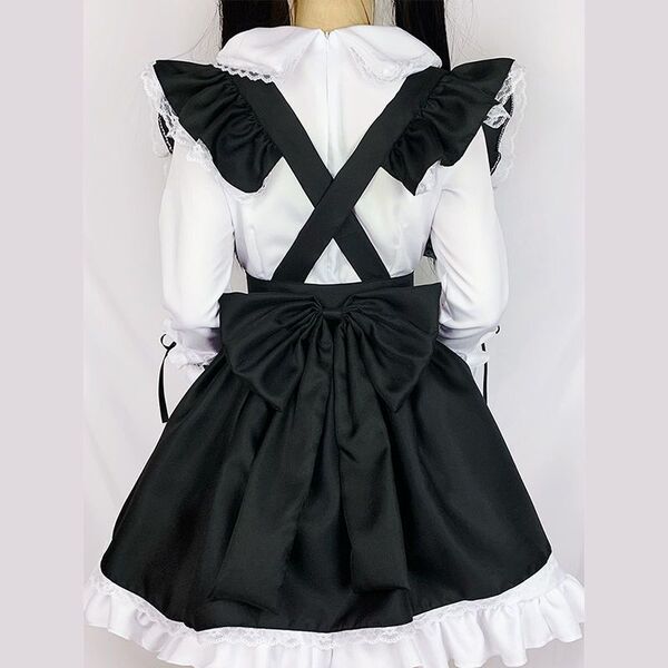 Japanese maid costume dress featuring long sleeves, ruffled collar, and a bow at the waist, perfect for cosplay or lolita sty...