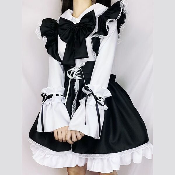 Japanese maid costume dress featuring long sleeves, black and white color scheme with bows and ruffles, perfect for cosplay o...