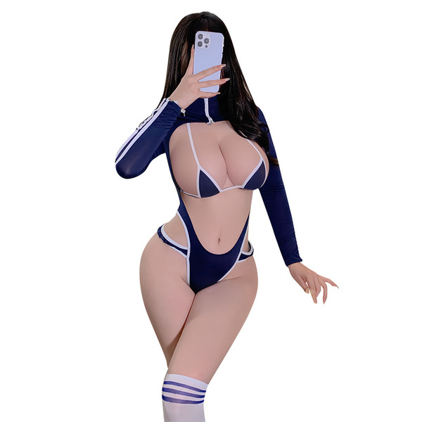 Japanese-style sweet swimsuit bodysuit featuring long sleeves, open crotch design, and thigh-high socks, perfect for role pla...