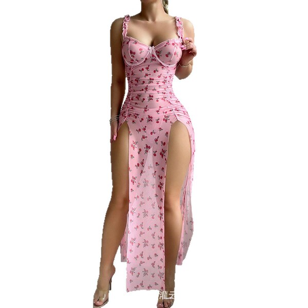 Pink floral lace mesh dress with high slit and push-up thong set, ideal for plus-size women seeking sexy and elegant lingerie...