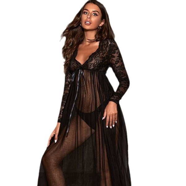 Sexy transparent lace nightgown with sheer mesh design, long sleeves, no undergarments included, elegant and daring sleepwear...