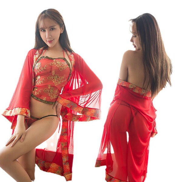 Red lace sheer bridal lingerie set with satin goddess robe and long sleeves, perfect for romantic nights.