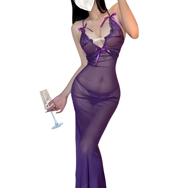 Woman in purple lace sheer long dress, holding wine glass — seductive adult lingerie sleepwear for women, pure & tempting nig...