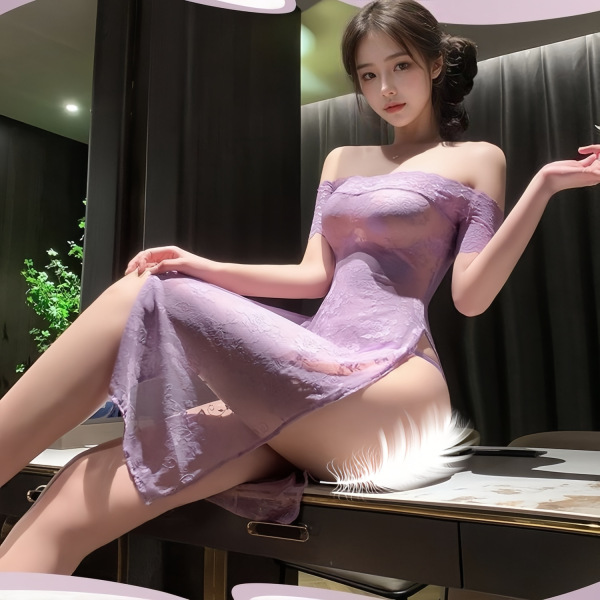 Woman wearing lavender lace split long dress lingerie set, sheer sensual sleepwear for summer evenings.