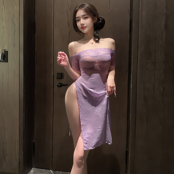 Seductive sheer lace dress with split design, perfect for romantic couple sleepwear or boudoir robes.
