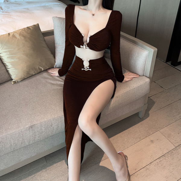 Woman in liaru sexy lace bodysuit with long sleeves & high slit, featuring sheer mesh bodycon design and provocative style.