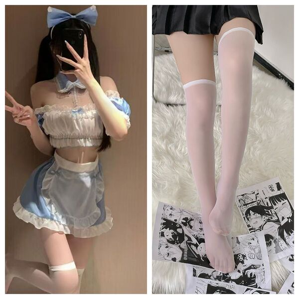 Sexy Maid Costume for Women - No-Remove Seductive Lingerie Set, Playful Pure-Yet-Tempting Sleepwear & Couples Robe - Maid outfit + model's same style of white stockings