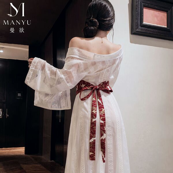 Vintage chinese palace style lingerie set - sheer hanfu-inspired long train robe & kimono outfit, elegant design with intrica...