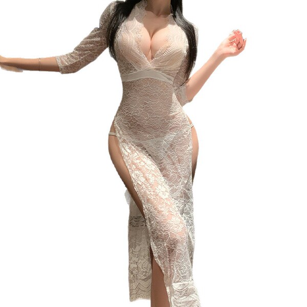 Sexy lace long dress with high slit, bodycon fit for women. elegant sleepwear and lingerie by mannyan.