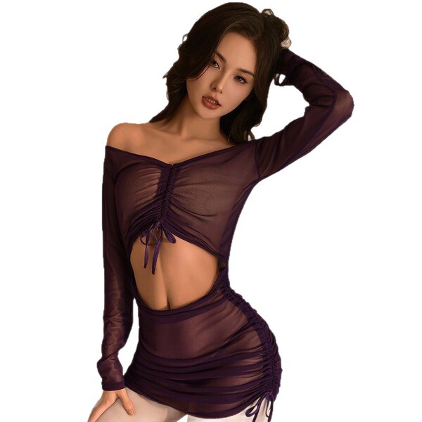 Sexy mannyqing purple sheer long sleeve lingerie dress with off-shoulder design and mesh bodycon fit for women.