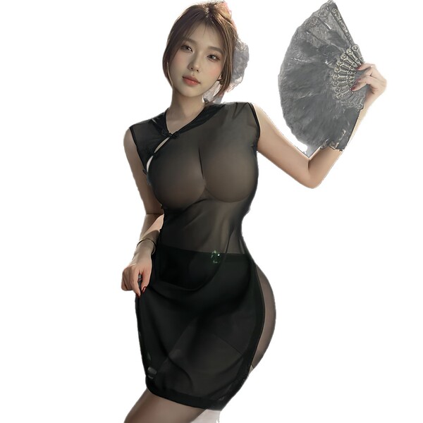 Seductive sheer nightgown with vintage cheongsam design, tight fit for sensual elegance and versatile styling.