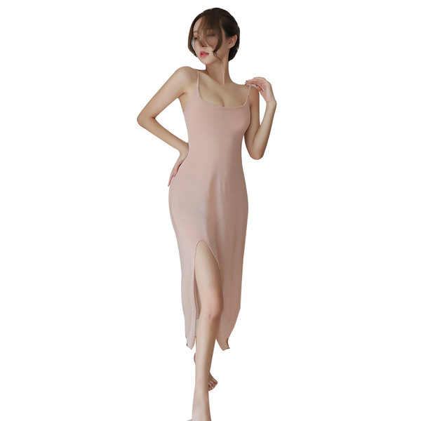 A woman models a long night lace mesh sleep dress, featuring sheer fabric, adjustable straps, and a sexy design, perfect for ...