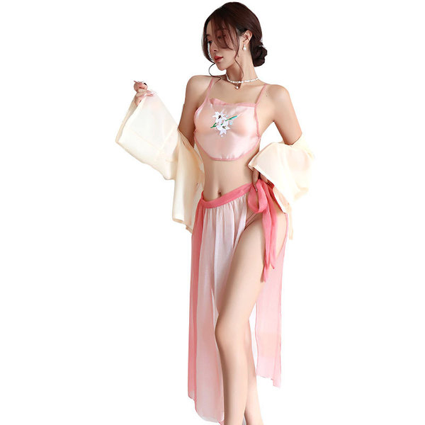 A woman models a long night seductive chinese-inspired lingerie set featuring sheer chiffon hanfu-style dress and a busty bel...