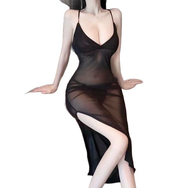 Sexy black sheer mesh chemise with deep v neckline and long slip design for women.