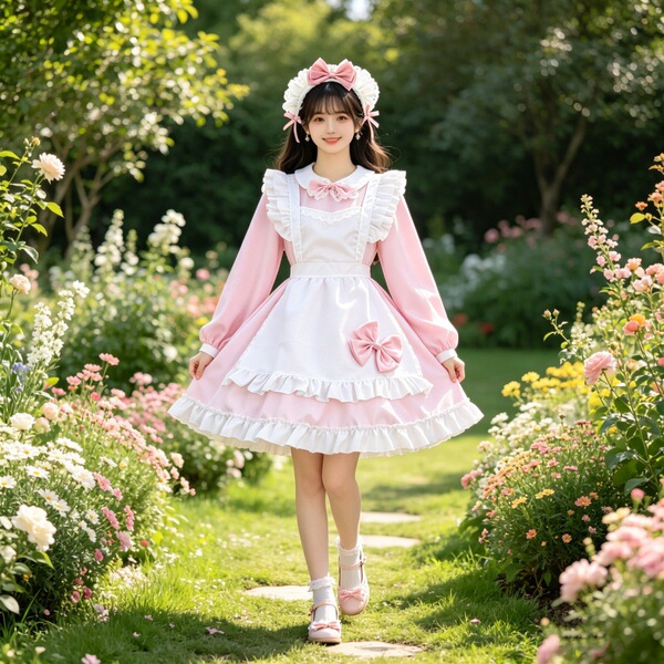 Adult Women's Cosplay Maid Dress - Cute Student Party Costume & Lolita Style Performance Dress - Pink bow-tie long-sleeved Lolita dress + apron + headband included