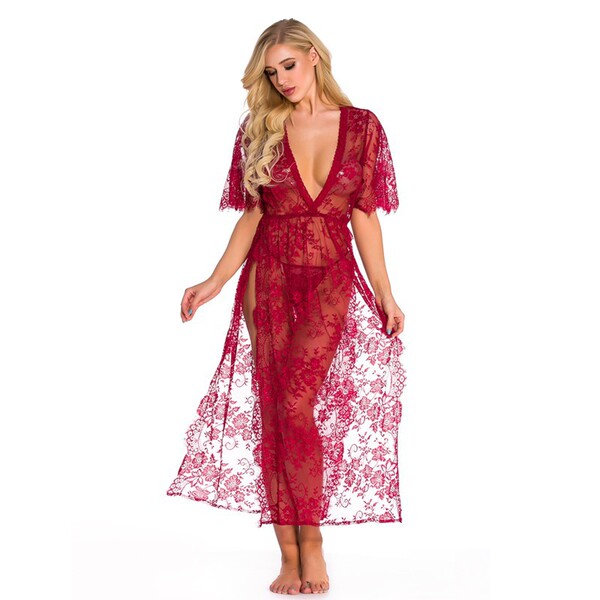 Sexy deep v-neck lace sleepwear set featuring high slit and long robe design, perfect for women seeking premium quality plus ...