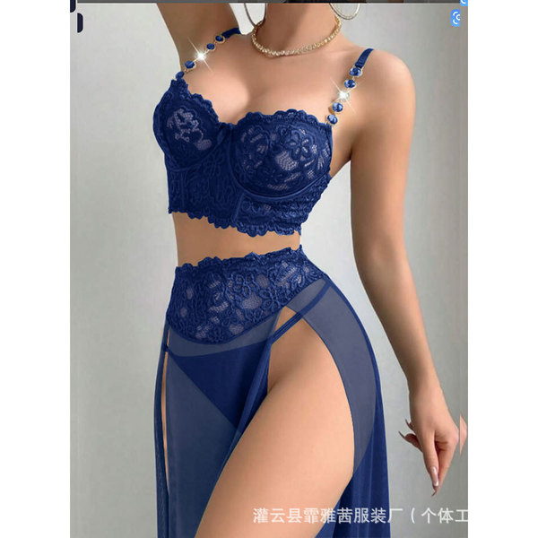 Sexy lace chemise with sheer long slip dress featuring high-quality peekaboo slit and push-up straps.