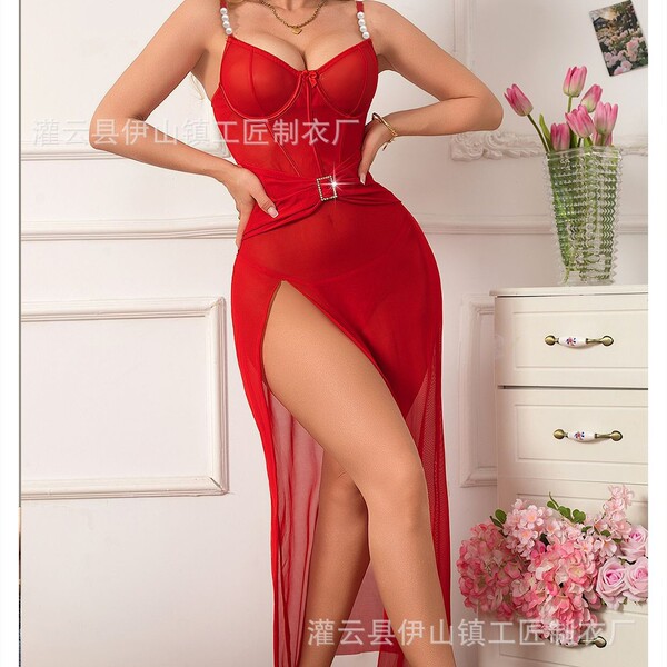 Vibrant red sheer mesh high slit long dress with plunging neckline, perfect for evening events.