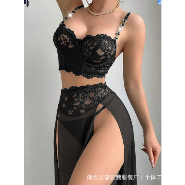 Sexy lace chemise with sheer long slip dress featuring high-quality peekaboo slit and push-up straps.