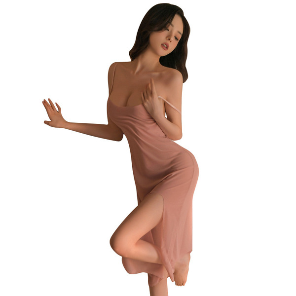 A woman poses elegantly in a plus-size sexy lace sleep dress, featuring sheer mesh fabric, long slip design, side slit, and a...