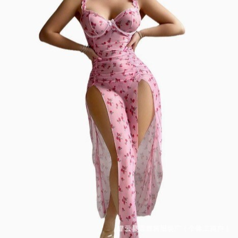 Sexy lace sheer split long nightgown with floral pattern, perfect for women seeking allure and elegance.