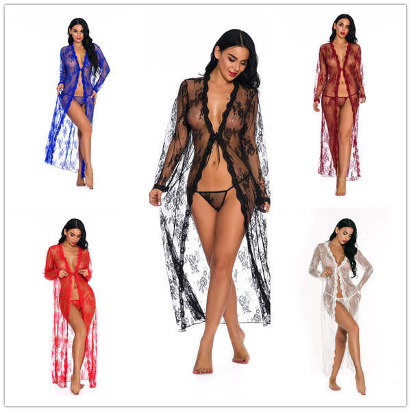 Plus size sheer lace robe set with matching thong - sexy long sleepwear for women, elegant intimate apparel in various colors