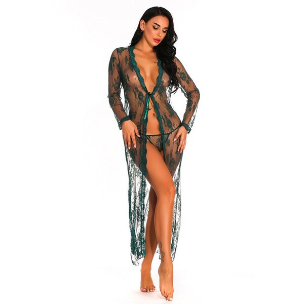 Sexy long sheer lace robe set with matching thong, elegant plus-size sleepwear for women.