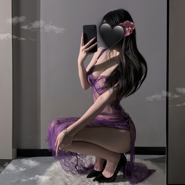 Woman in purple lace lingerie set, modest yet sexy long dress sleepwear, no-remove cosplay uniform with floral hair accessory...