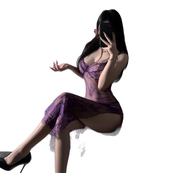 Woman in purple lace long dress sleepwear, modest yet sexy lingerie set, no-remove cosplay uniform, elegant and alluring desi...
