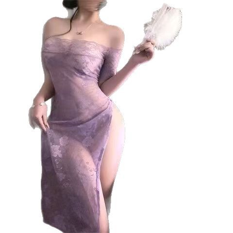 Woman wearing a purple lace cheongsam dress, featuring an off-shoulder design, high slit, sheer fabric, and butt-cutout detai...
