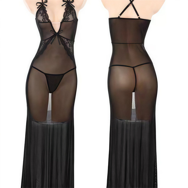 Sheer black mesh nightgown with lace trim and bow-tie straps, featuring a deep v-neck and long flowing skirt.