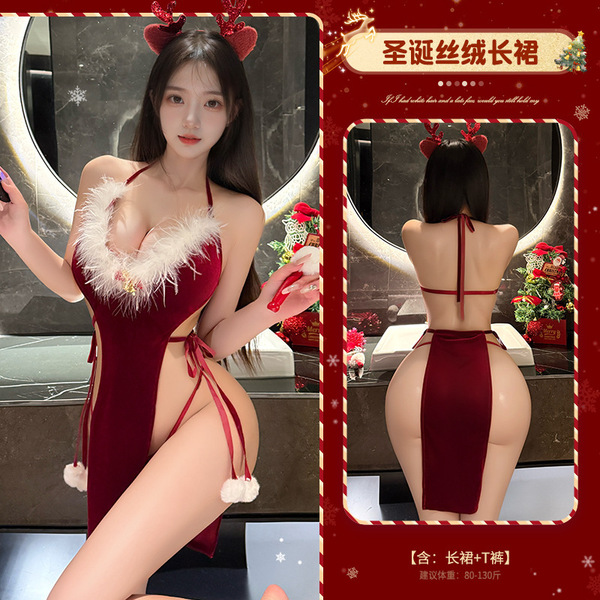 Mannyan New Year Lingerie Set - Sexy Velvet Deep V-Neck Robe Dress with Satin Ties, Retro Holiday Nightwear - 6921183362683 Red [Long Skirt + T-shirt]