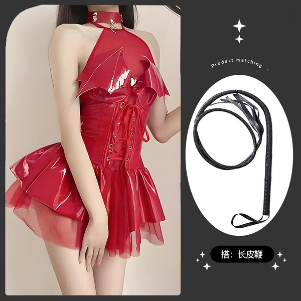 Sexy Role Play Lingerie Set - Nurse Costume Outfit for Women, Flirty Uniform Sleepwear for Small Bust - Red + Long Whip