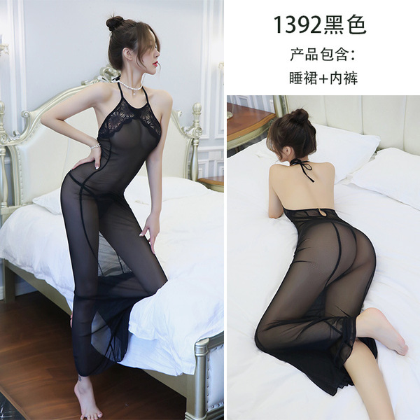 Seductive lace sheer nightgown for women – long transparent sleep dress with elegant halter design, perfect for nighttime ele...