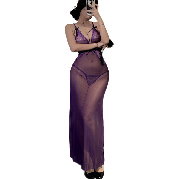 Seductive sheer lace lingerie set featuring a sexy mesh bodysuit and long skirt outfit for women.