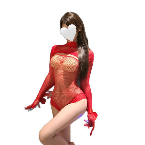 Woman wearing red sheer mesh long sleeve bodysuit with lace detailing, tight fit design for plus size and small bust.