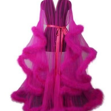 Sexy feather sheer nightgown featuring long sleeves, lace trim, flared design, and train, perfect for an elegant sleep dress.